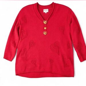 Vintage Red V-Neck Sweater with Heart Details & Buttons